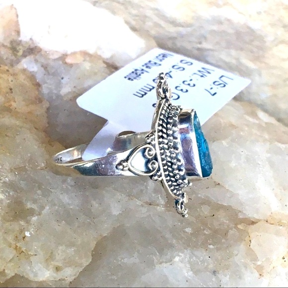NEON BLUE APATITE Bali filigree sterling ring 7 - Picture 6 of 10